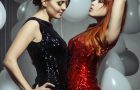 fashion glamour models dancing in sequin dresses,